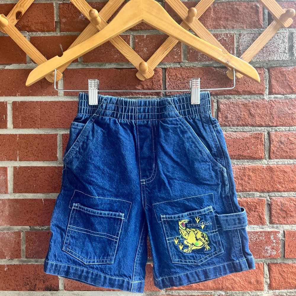 Nevada Kids Denim Carpenter Cargo Shorts with Dinosaur Patch - Elastic Waist
